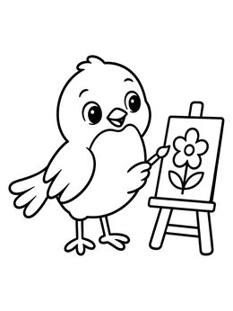 A robin coloring page featuring a small bird painting a flower on a tiny easel.
