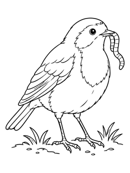 A plump bird stands on the ground with a worm in this robin coloring page.