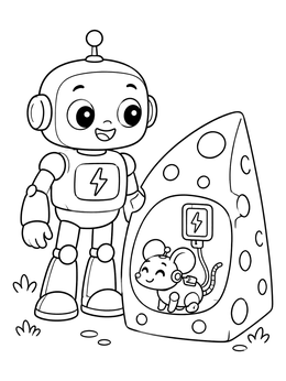 Free printable Friendly Robot And Charging Mouse coloring page