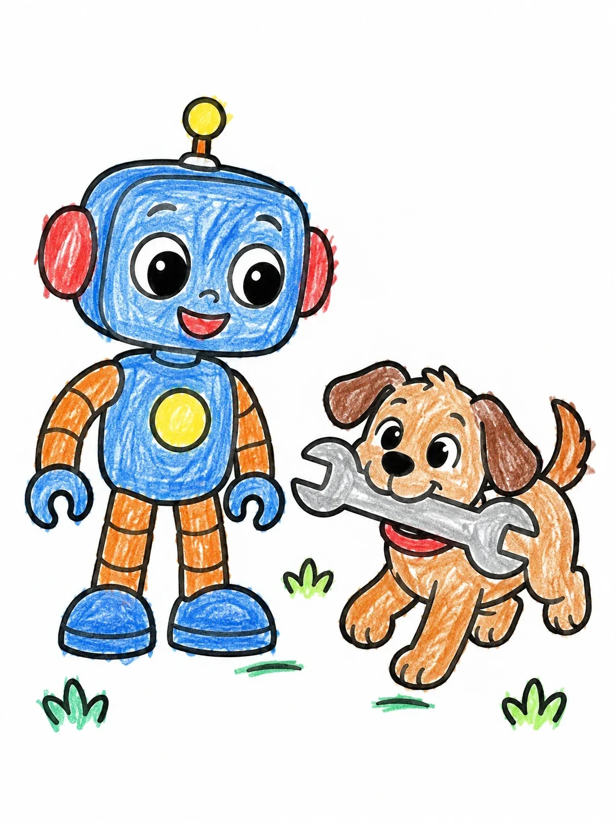 Colored example of the Cute Robot And Playful Puppy coloring page