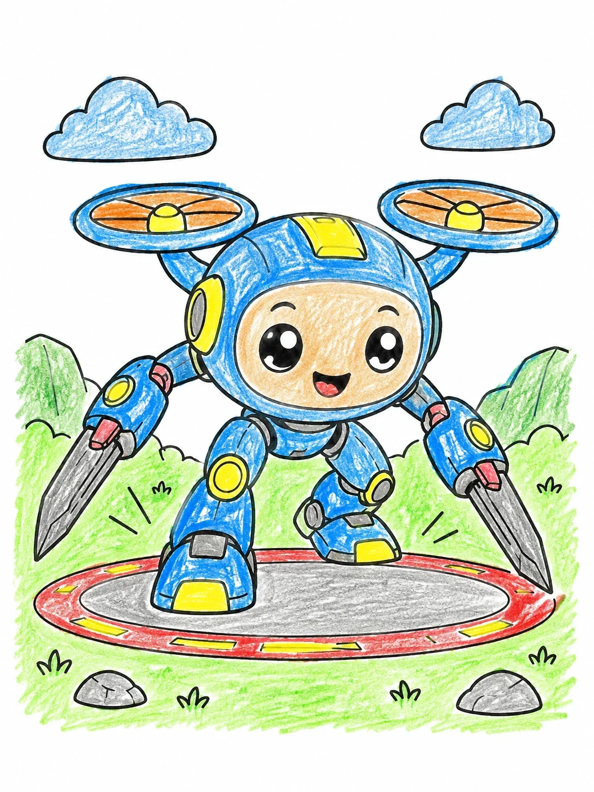 Colored example of the Cute Robot Drone On Landing Pad coloring page