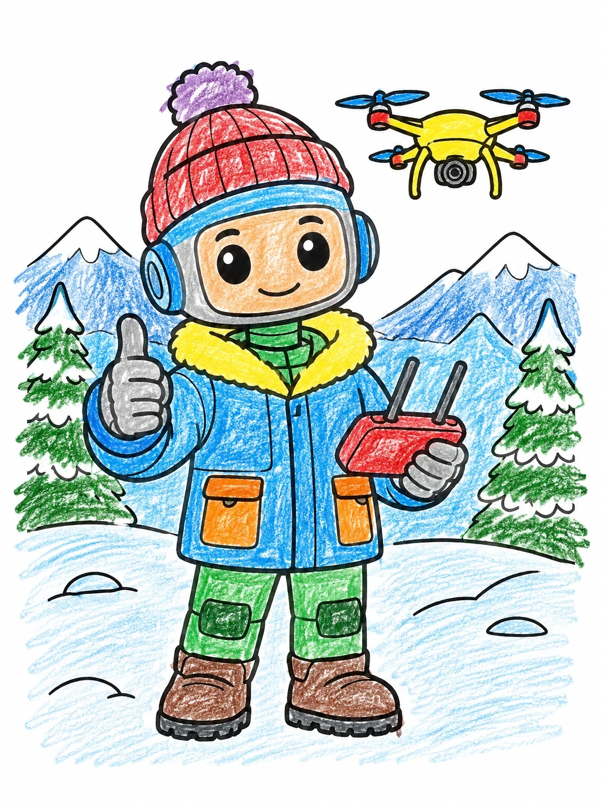Colored example of the Cute Robot Flying A Winter Drone coloring page