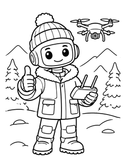Free printable Cute Robot Flying A Winter Drone coloring page