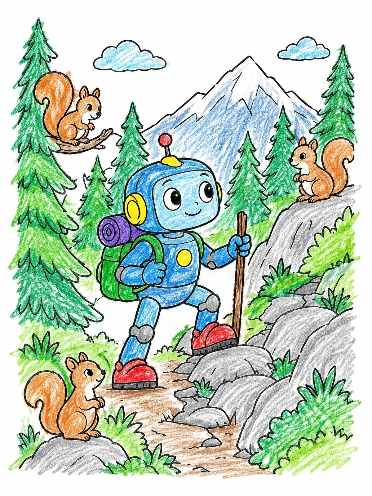 Colored example of the Cute Robot Hiking In The Mountains coloring page