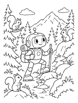 A cheerful robot coloring page showing an explorer hiking up a mountain trail with cute squirrels watching.