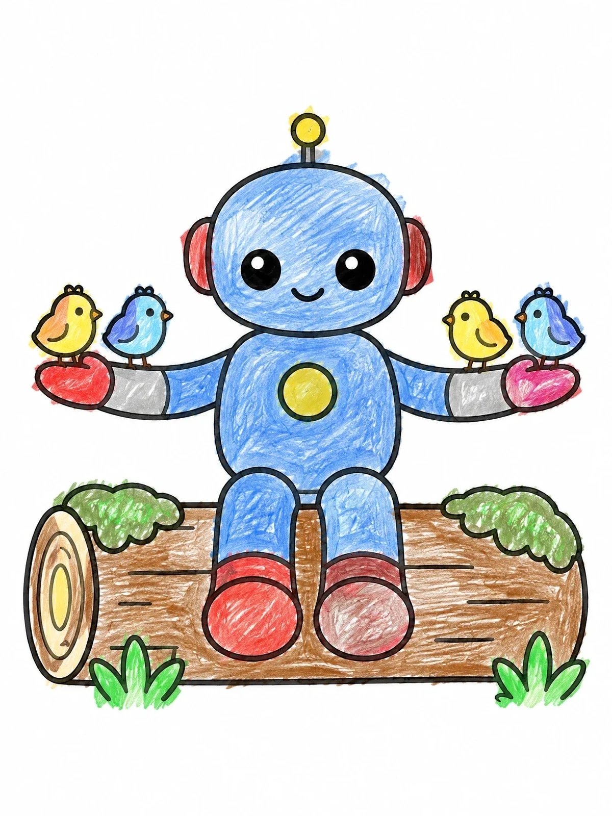 Colored example of the Cute Robot Sitting On A Log coloring page