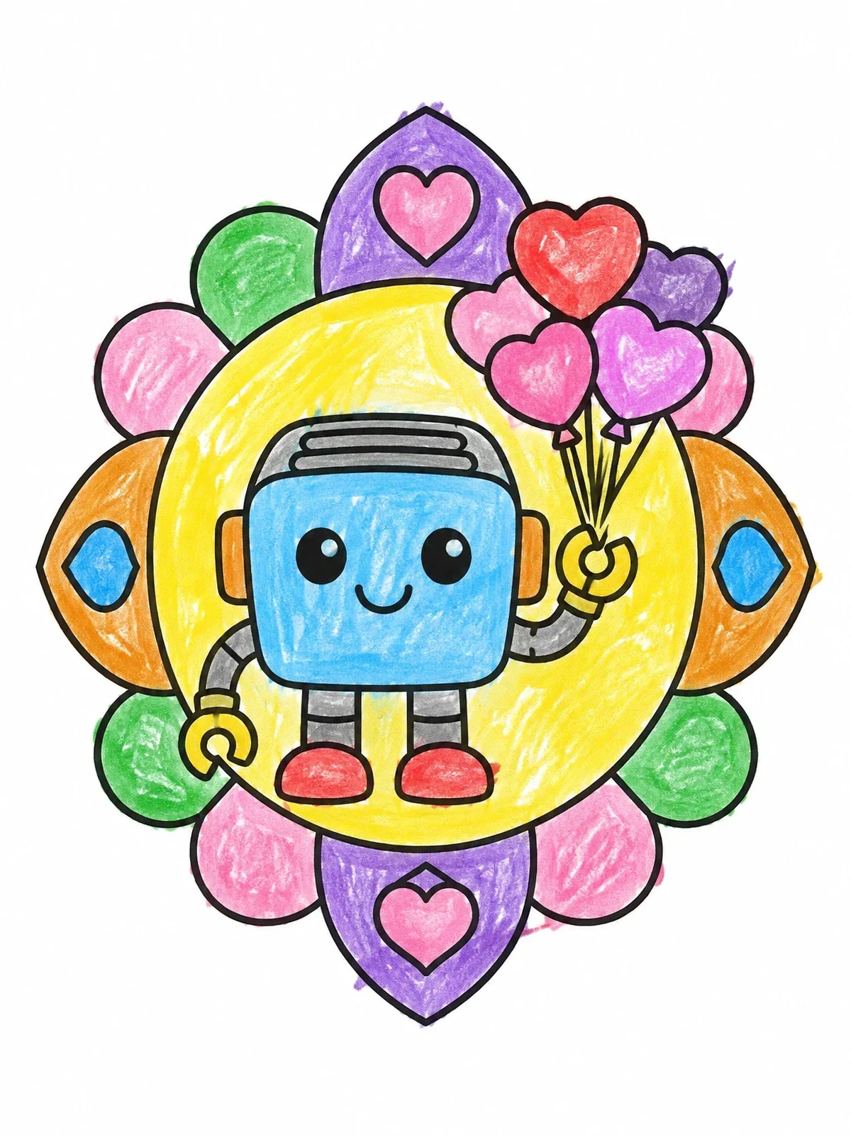 Colored example of the Cute Robot With Heart Balloons coloring page