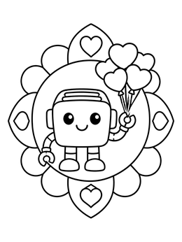 Free printable Cute Robot With Heart Balloons coloring page