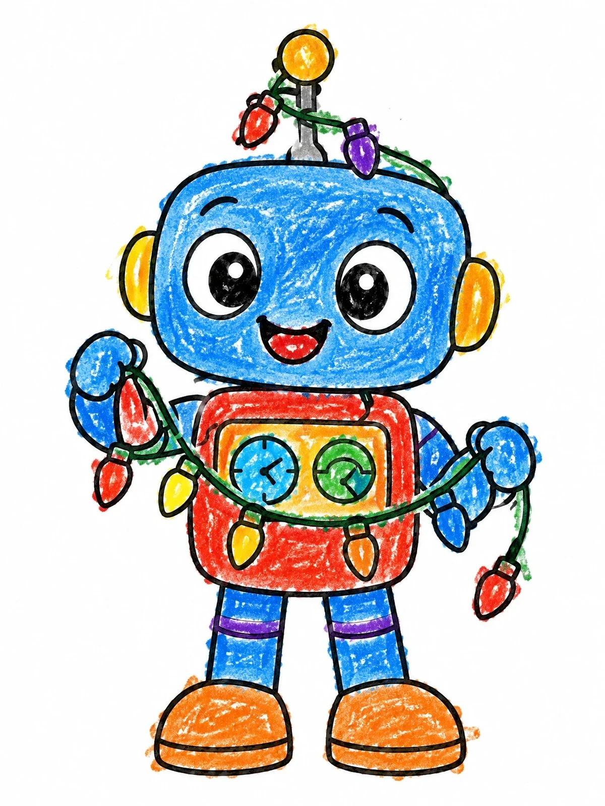 Colored example of the Cute Robot With Holiday Lights coloring page