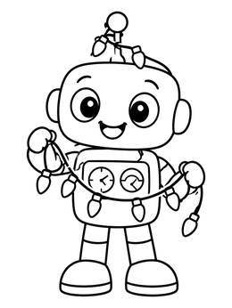 A cheerful cartoon robot coloring page holding a string of festive lights.