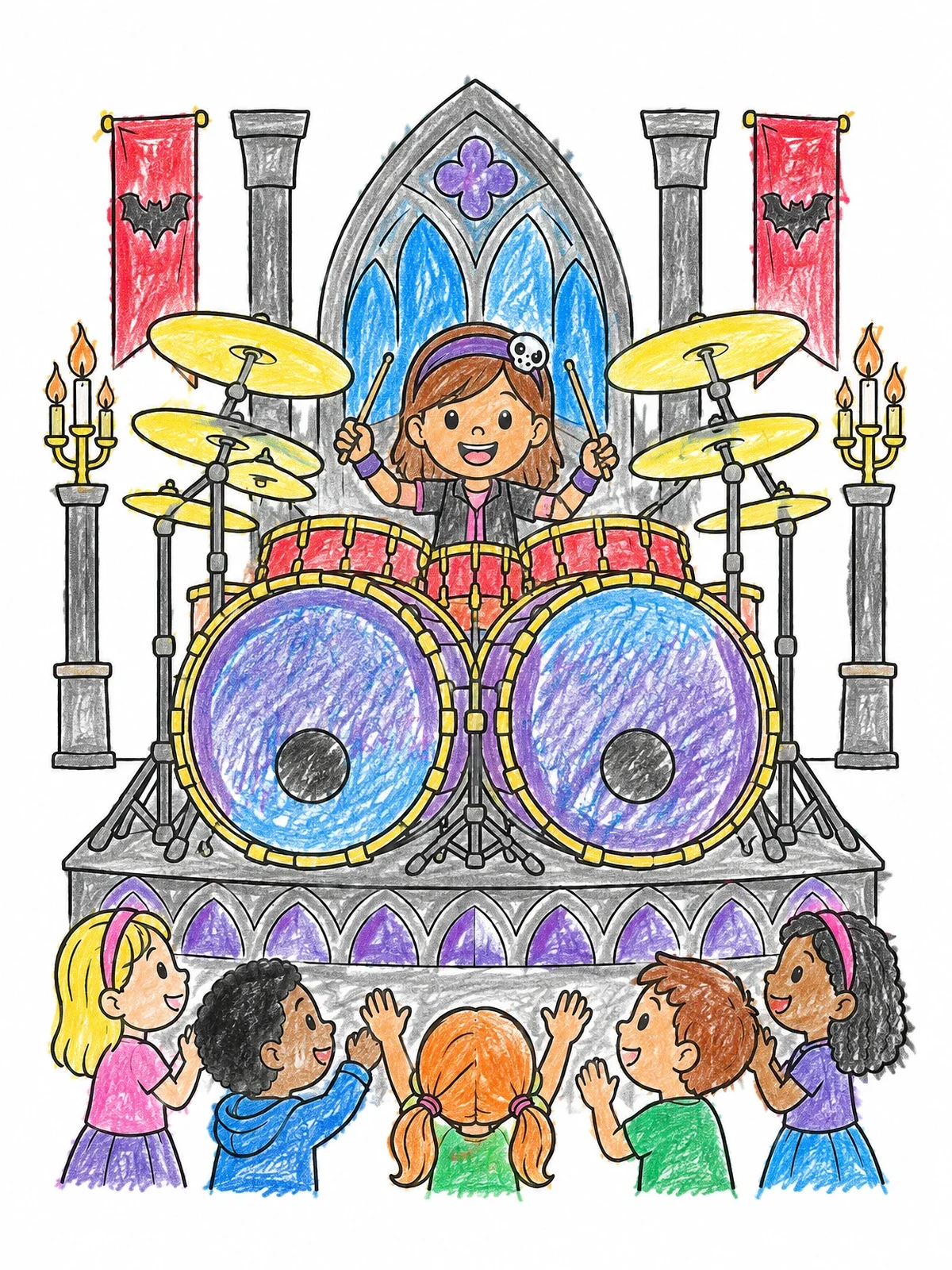 Colored example of the Cute Drummer On Gothic Stage coloring page