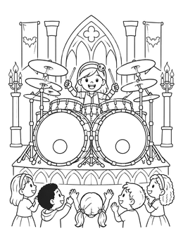 Free printable Cute Drummer On Gothic Stage coloring page
