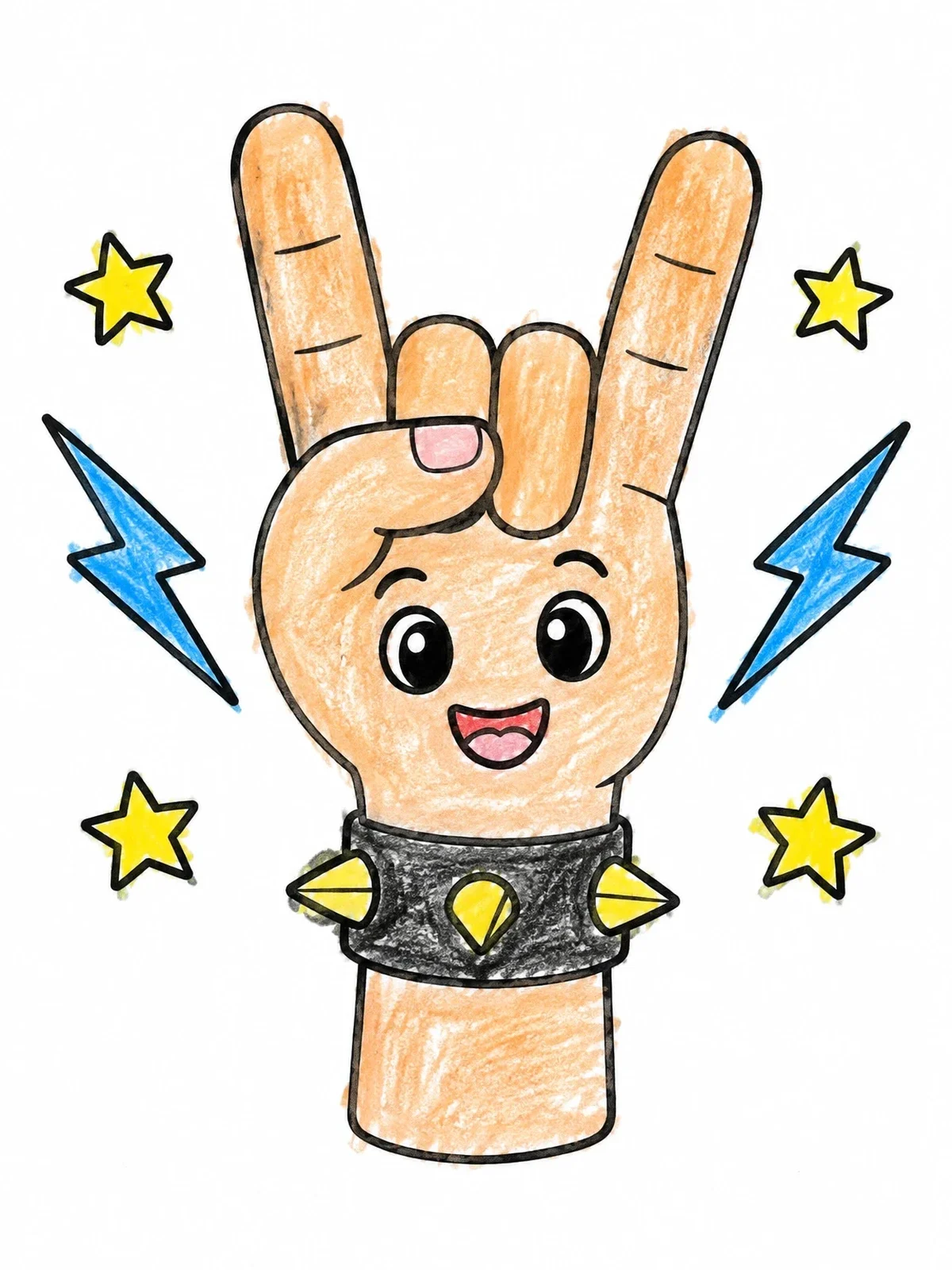 Colored example of the Cute Rock On Hand Sign coloring page