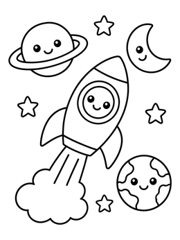 Free printable Cute Rocket Flying Through Space coloring page