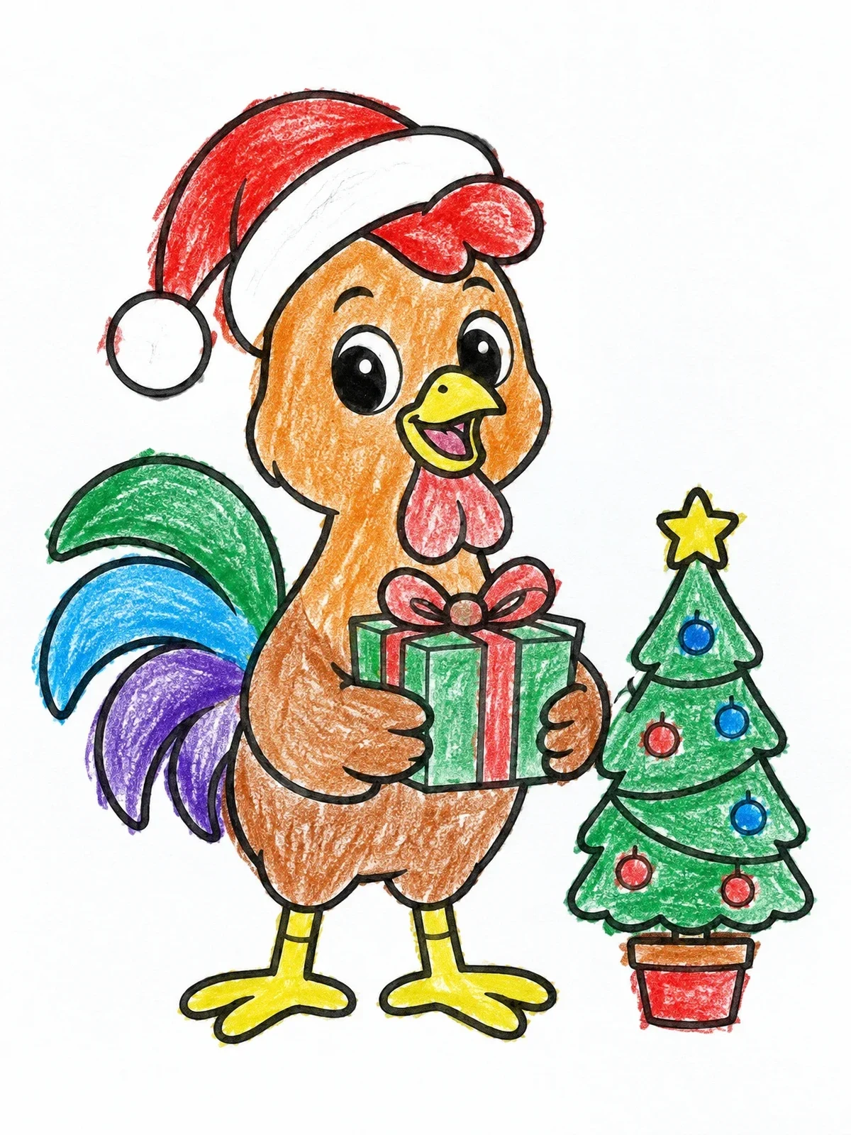 Colored example of the Cute Rooster Celebrating Christmas coloring page
