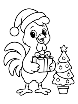 A festive rooster coloring page with a Santa hat holding a wrapped gift beside a Christmas tree.