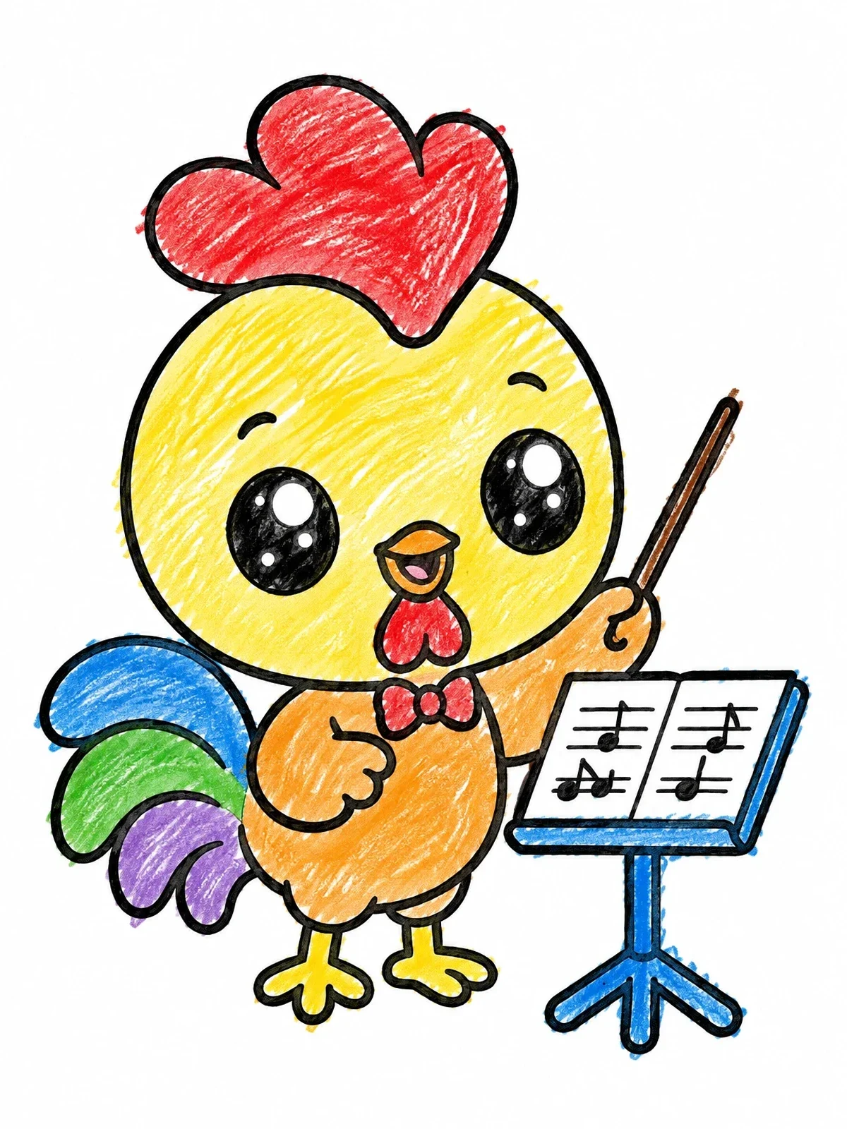 Colored example of the Cute Rooster Conductor With Sheet Music coloring page