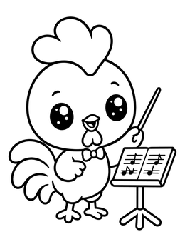 A cheerful cartoon rooster conducting music in this rooster coloring page.