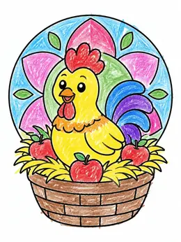 Cute Rooster In Apple Basket Coloring Page