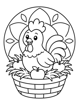 Free printable Cute Rooster In Apple Basket coloring page