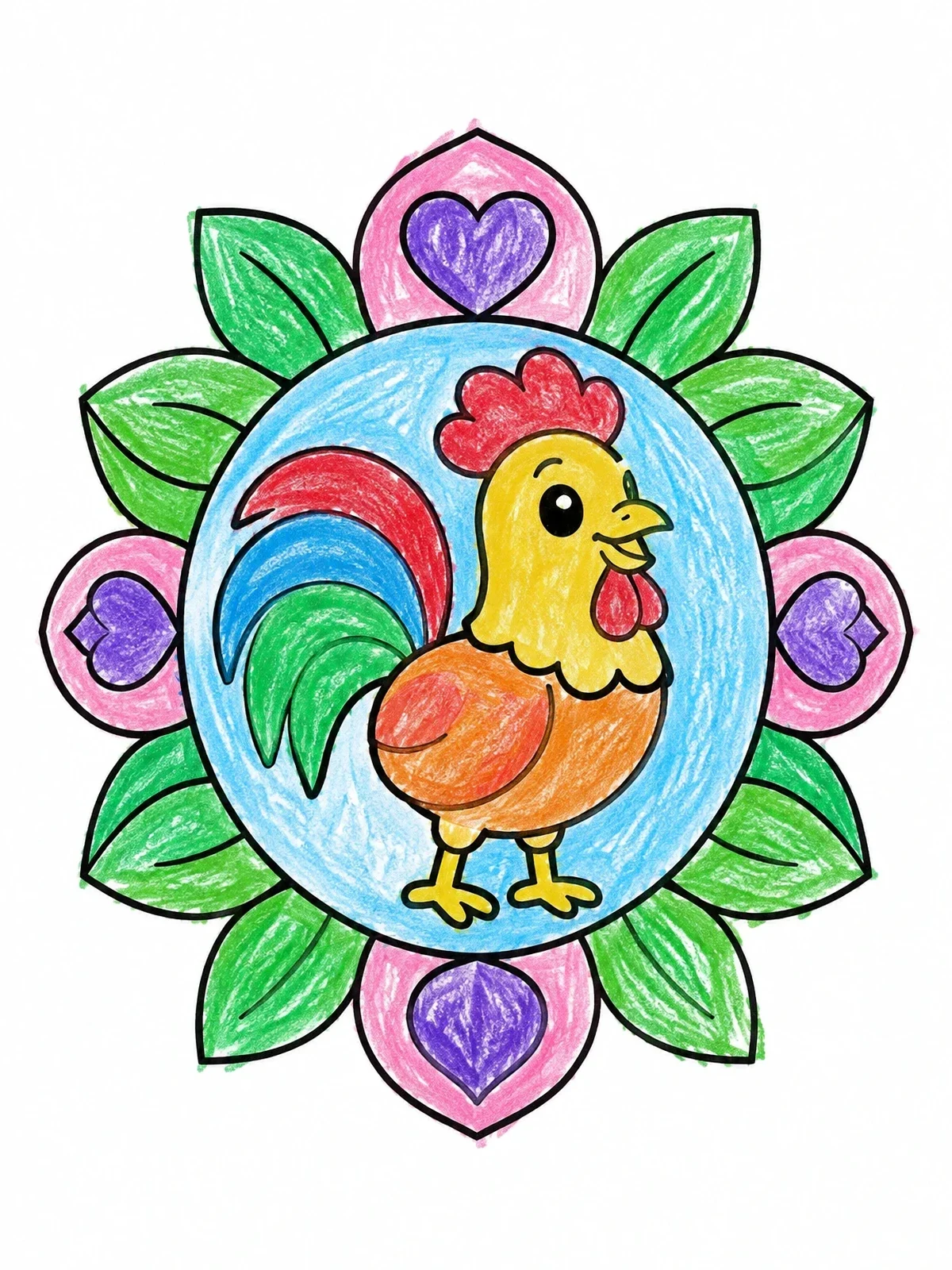 Colored example of the Cute Rooster In Floral Mandala coloring page