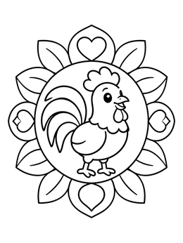 A cheerful cartoon rooster coloring page centered inside a mandala of petals and hearts.