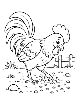 Free printable Cute Rooster Scratching For Seeds coloring page