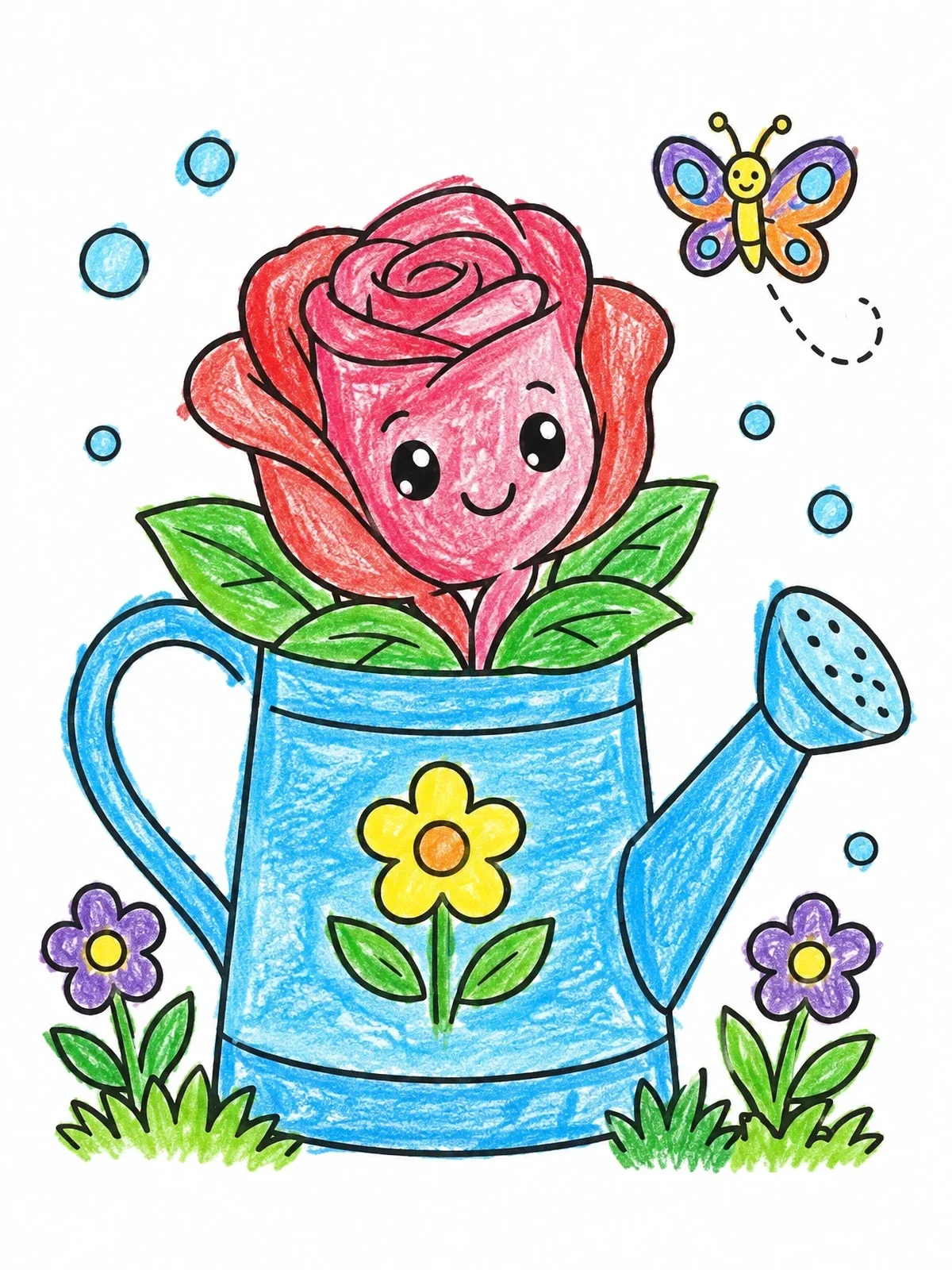 Colored example of the Cute Rose In A Watering Can coloring page