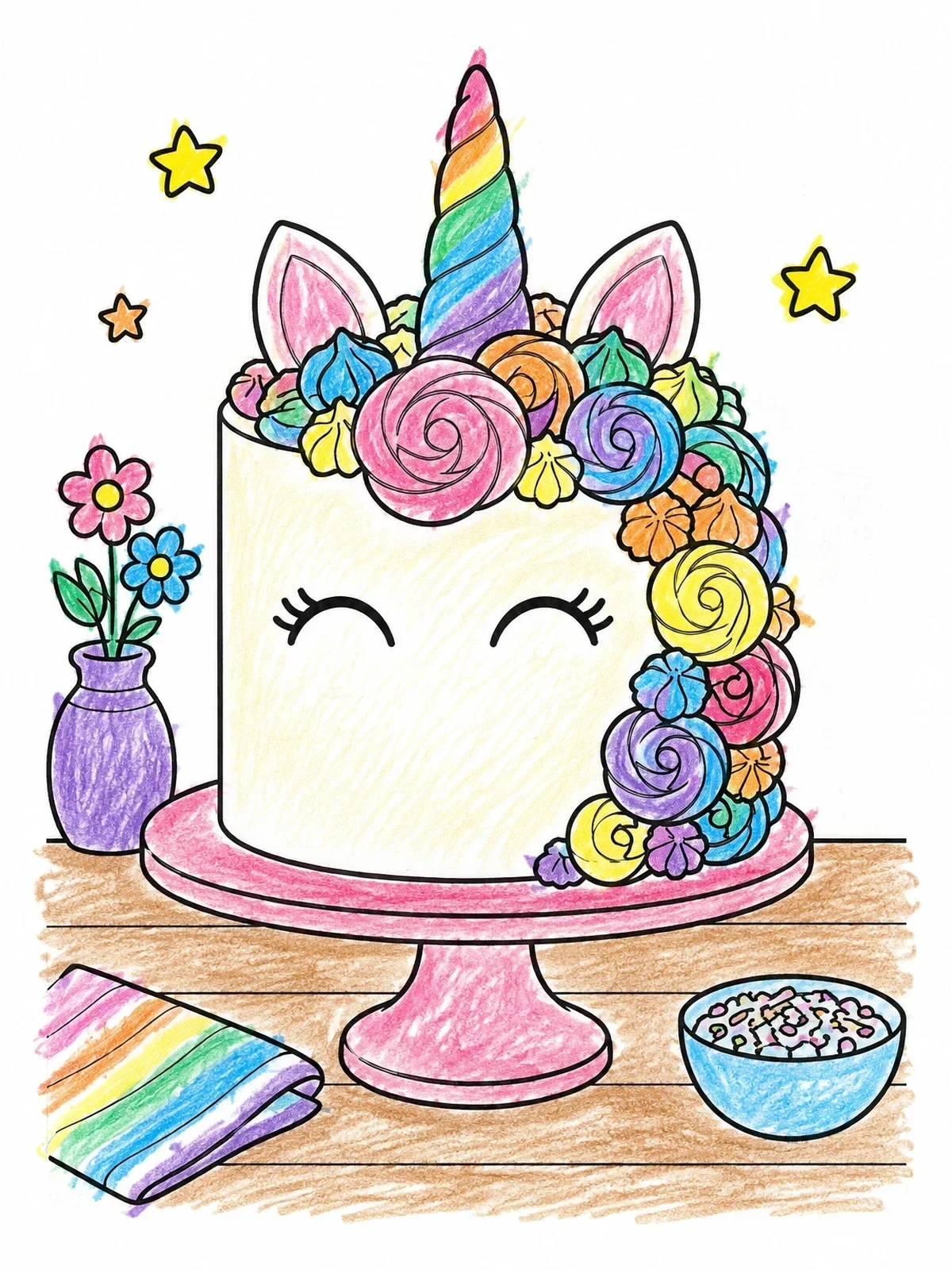 Colored example of the Cute Rosette Mane Unicorn Cake coloring page