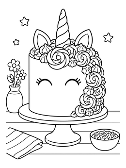 Free printable Cute Rosette Mane Unicorn Cake coloring page