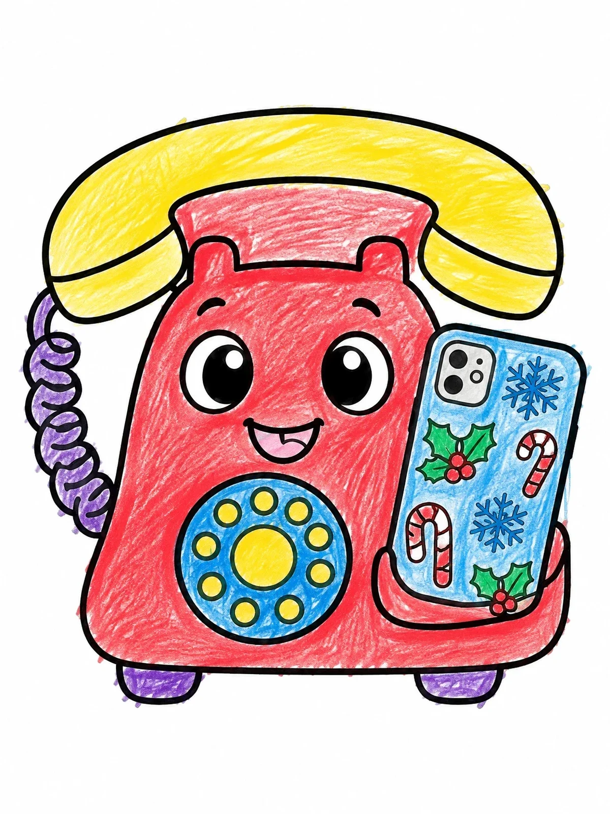 Colored example of the Cute Rotary Phone With Festive Smartphone coloring page