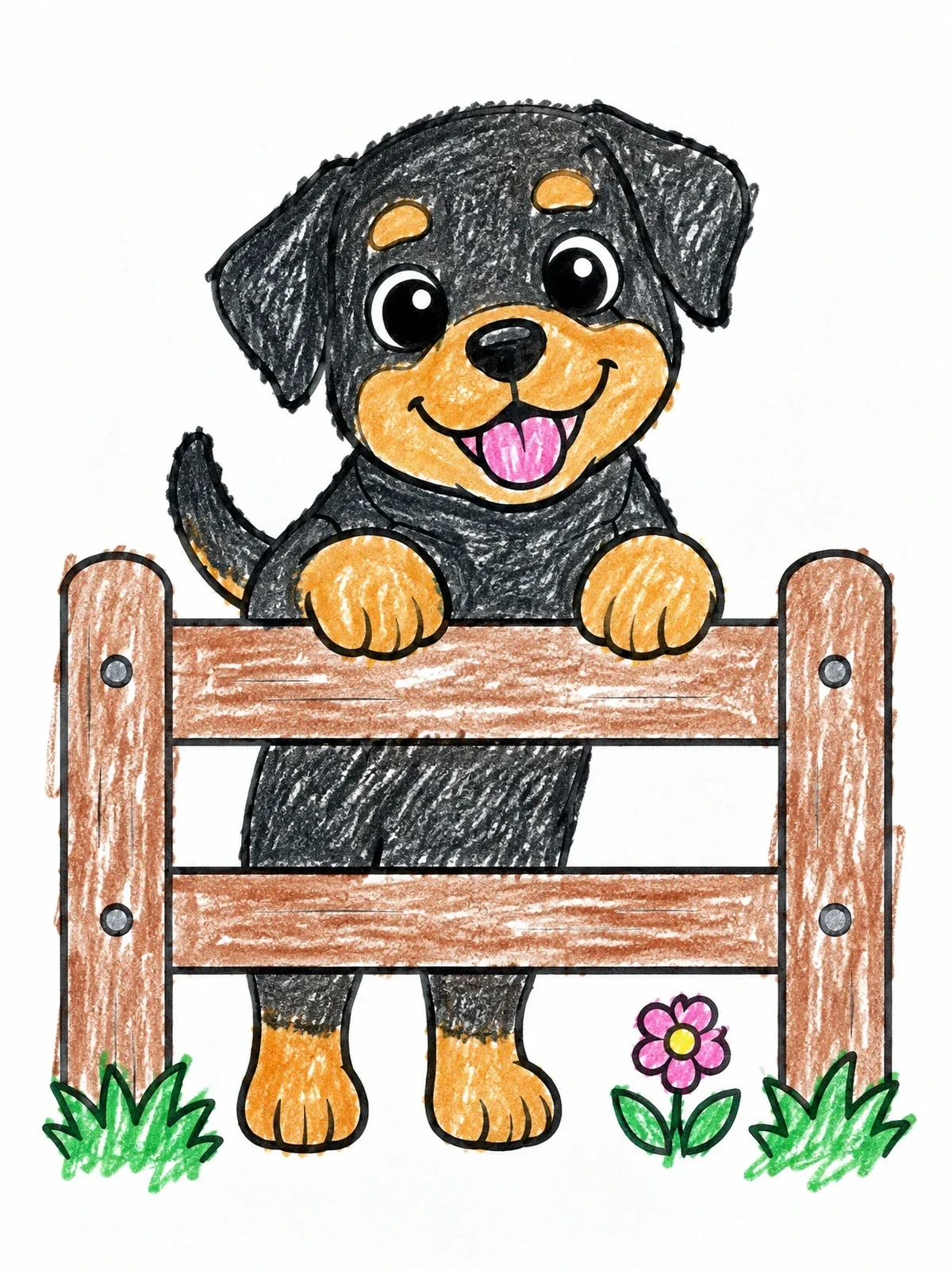 Colored example of the Cheerful Rottweiler Puppy At The Garden Fence coloring page