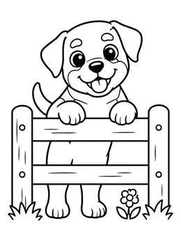 Free printable Cheerful Rottweiler Puppy At The Garden Fence coloring page