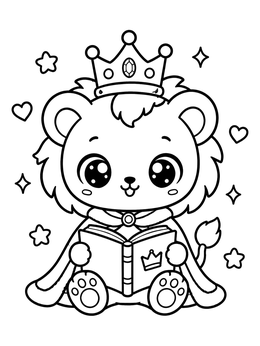 A cute lion coloring page featuring a royal baby cub wearing a crown and reading a storybook.