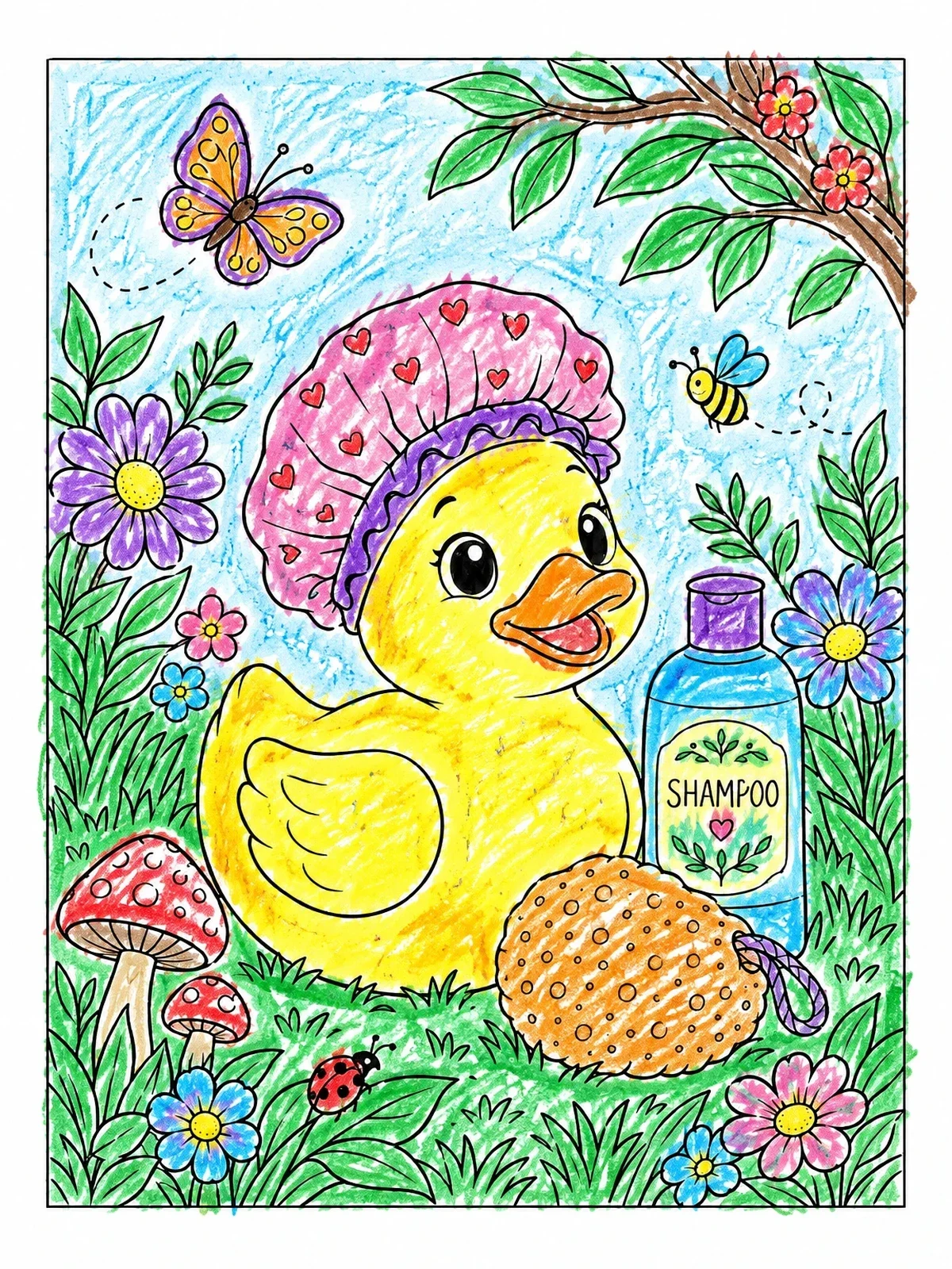 Colored example of the Cute Rubber Duck With Shower Cap coloring page