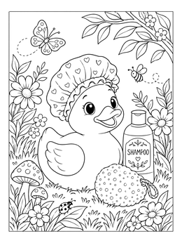 A sweet duck coloring page featuring a rubber duck in a shower cap with shampoo in a garden.