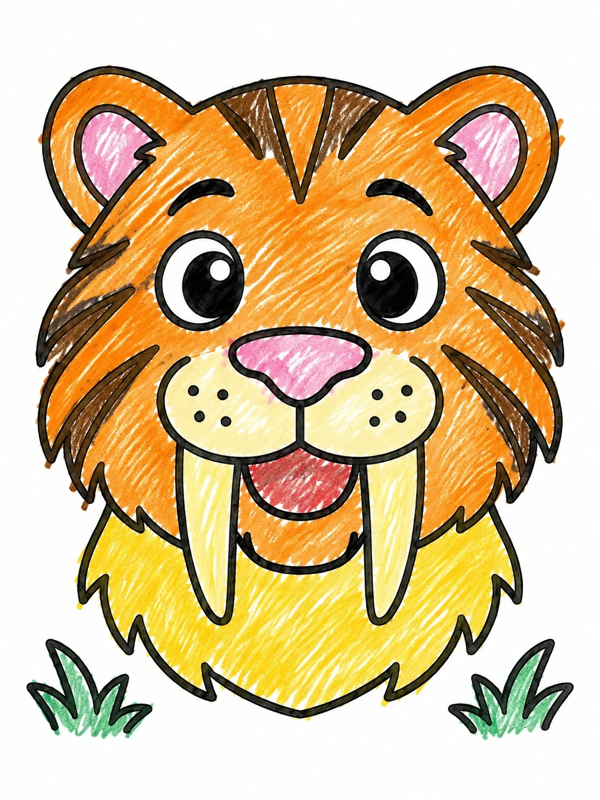 Colored example of the Cute Saber Tooth Tiger Face coloring page