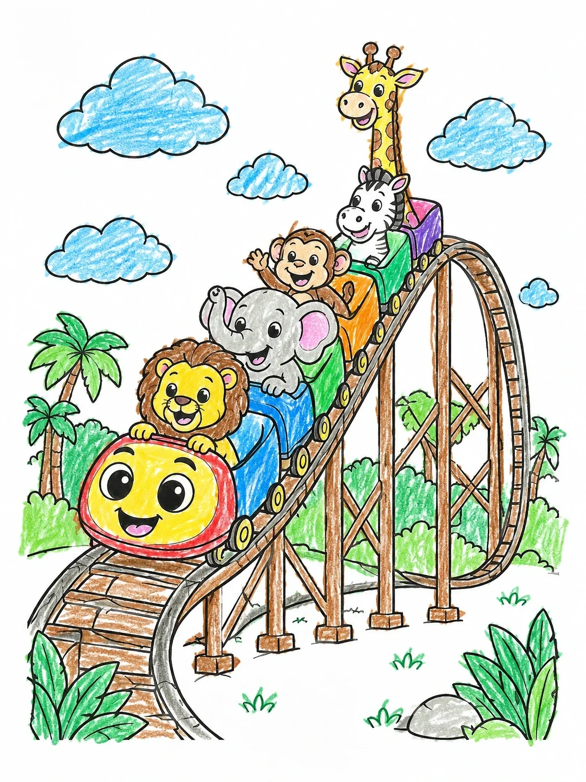 Colored example of the Cute Safari Animals On A Roller Coaster coloring page