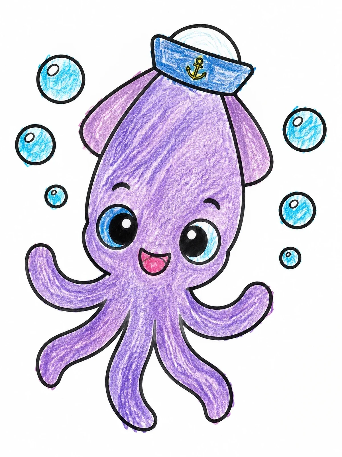 Colored example of the Cute Sailor Baby Squid coloring page