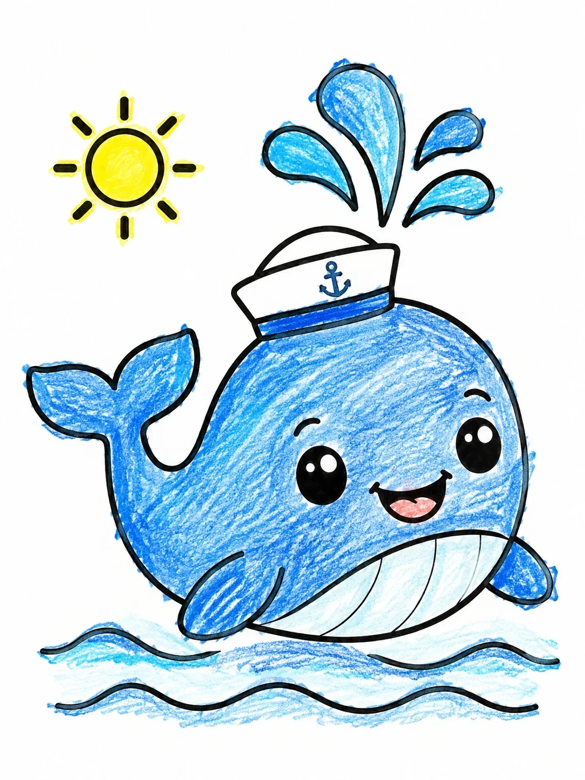 Colored example of the Cute Sailor Whale Spouting Water coloring page