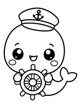 Free printable Cute Sailor Whale With Steering Wheel coloring page