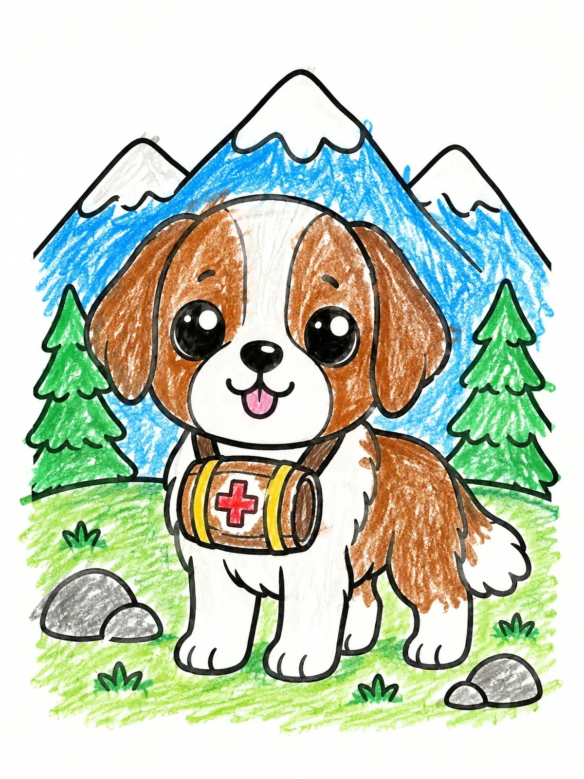 Colored example of the Cute Saint Bernard Puppy In The Mountains coloring page