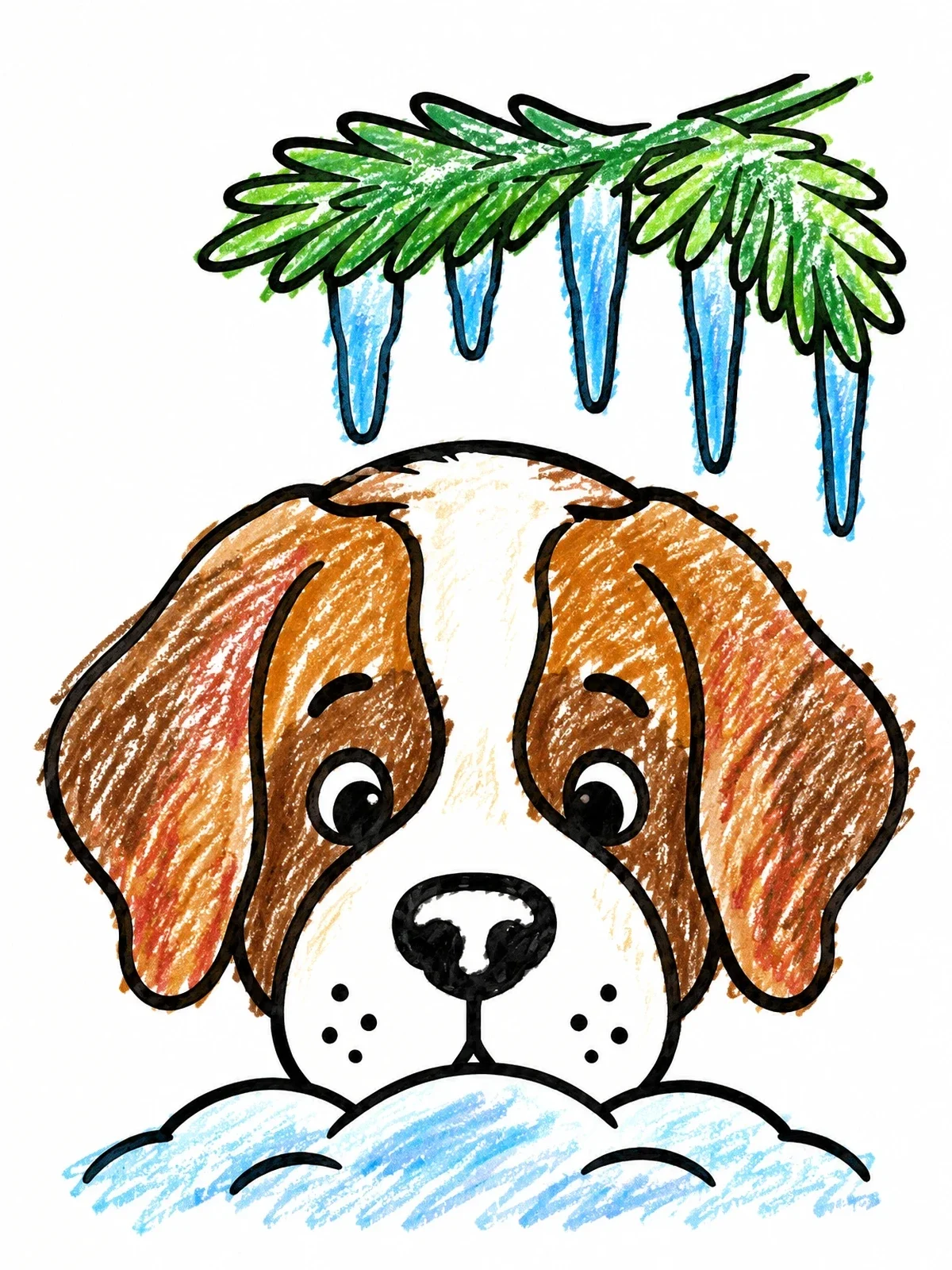 Colored example of the Saint Bernard Peeking In Snow coloring page