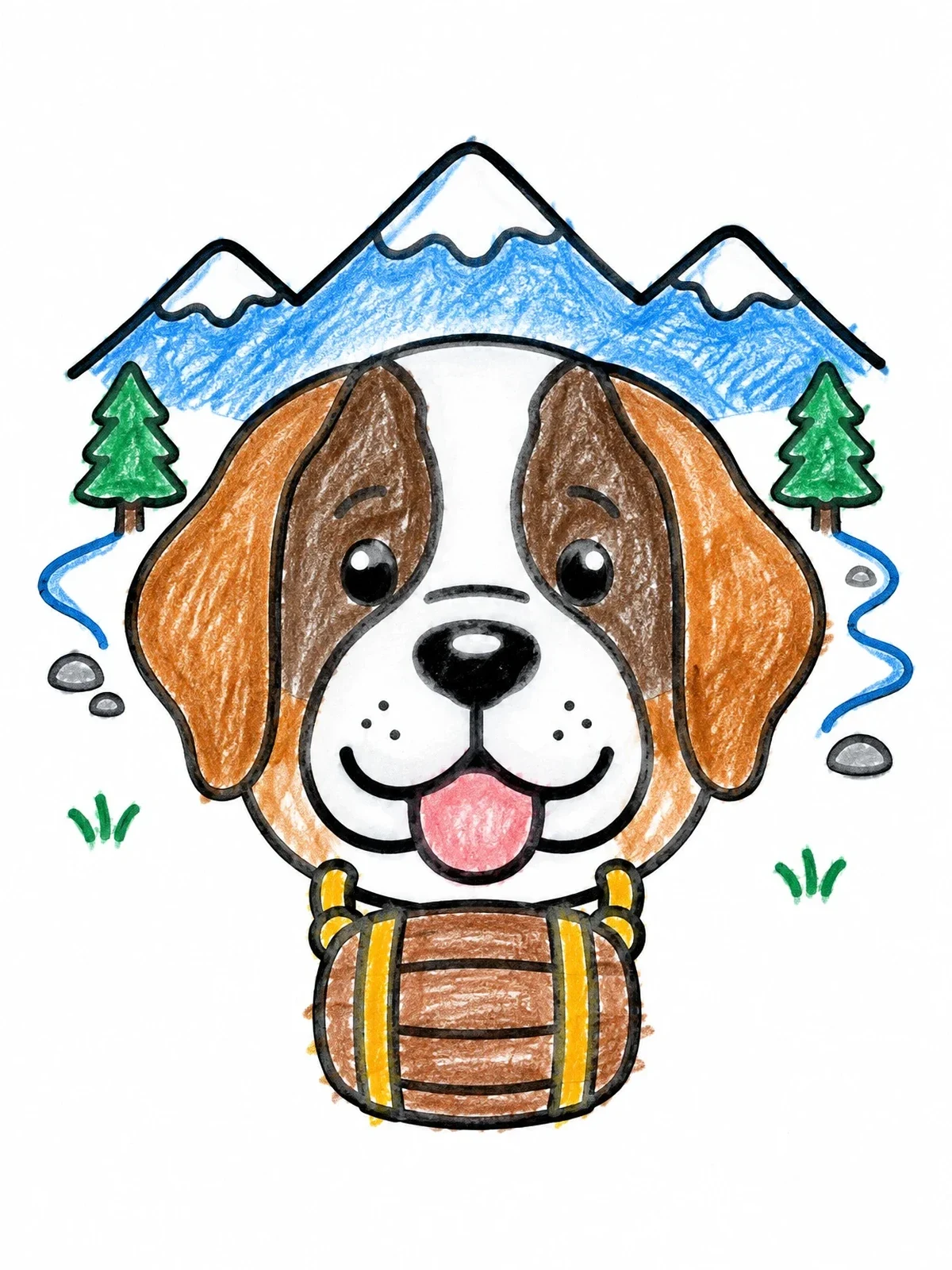 Colored example of the Cute Saint Bernard With Keg coloring page