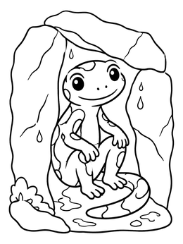 A cute cartoon salamander coloring page sitting inside a rocky shelter with water droplets.