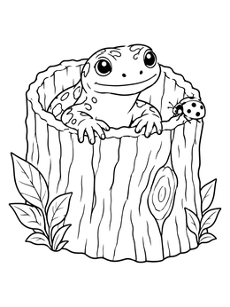 A salamander coloring page showing a friendly amphibian peeking out of a hollow stump next to a ladybug.