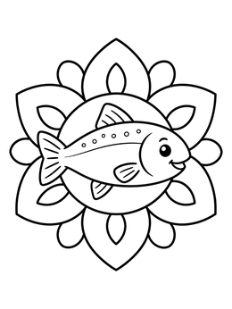 Free printable Cute Salmon On Floral Mandala coloring page