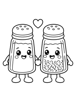 A cute food coloring page of smiling salt and pepper shakers holding hands with a heart.
