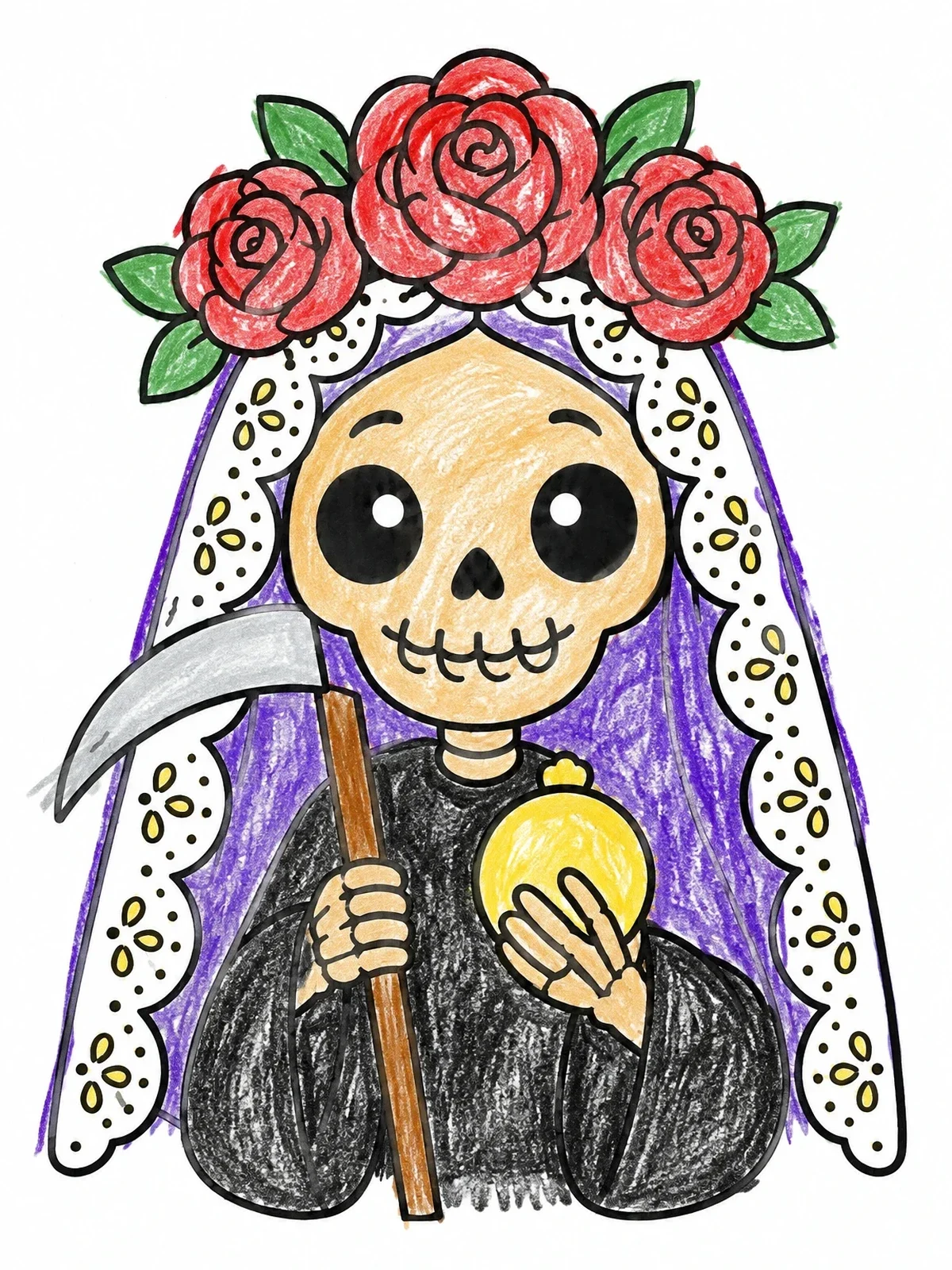 Colored example of the Cute Santa Muerte With Flower Crown coloring page