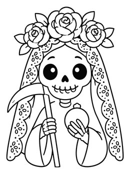 Free printable Cute Santa Muerte With Flower Crown coloring page